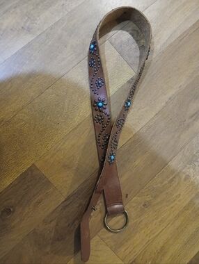 brown leather brass studded & faux turquoise boho belt